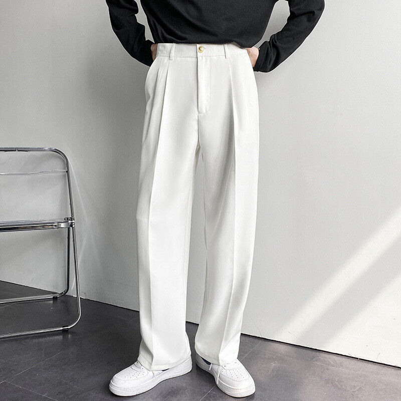 Men Casual Drape Wide-Leg Straight-Leg Long Pants Summer Loose Trousers  White