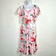 TARGET Womens Midi Dress Size 14 Pink Floral Short Sleeves V-Neck A-line