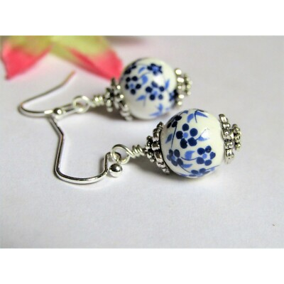 #ad Silver Round Floral Ceramic Simple Dangle Earrings Flower Jewelry Handmade $7.00