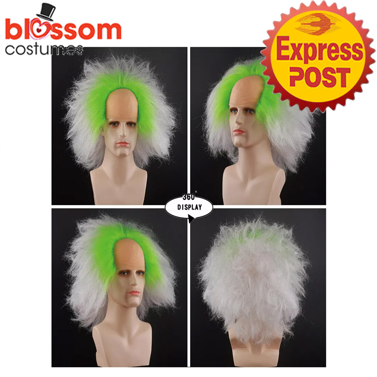N1713 Beetlejuice Costume White Green Wig Hair Halloween Zombie Beetle Juice
