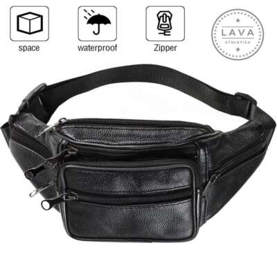 Genuine Leather Fanny Pack Multi Zippered Waist Bag Hip Belt Purse Black Pouch