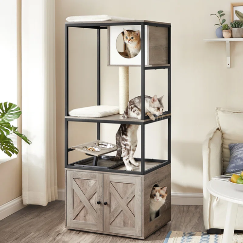 58" Cat Condo with Litter Box Enclosure & Elevated Bowls - Picture 11 of 13