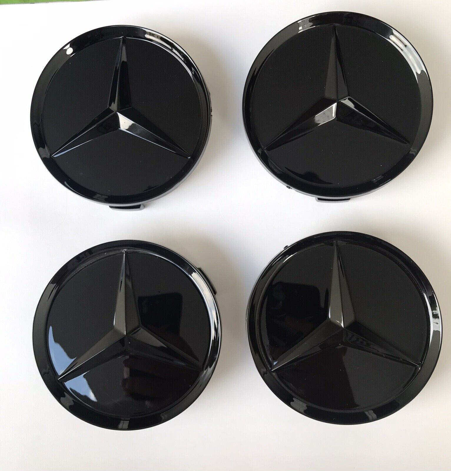 4X Hub Cover 75mm GLOSSY BLACK / Mercedes Logo Emblem Rim Wheel Center