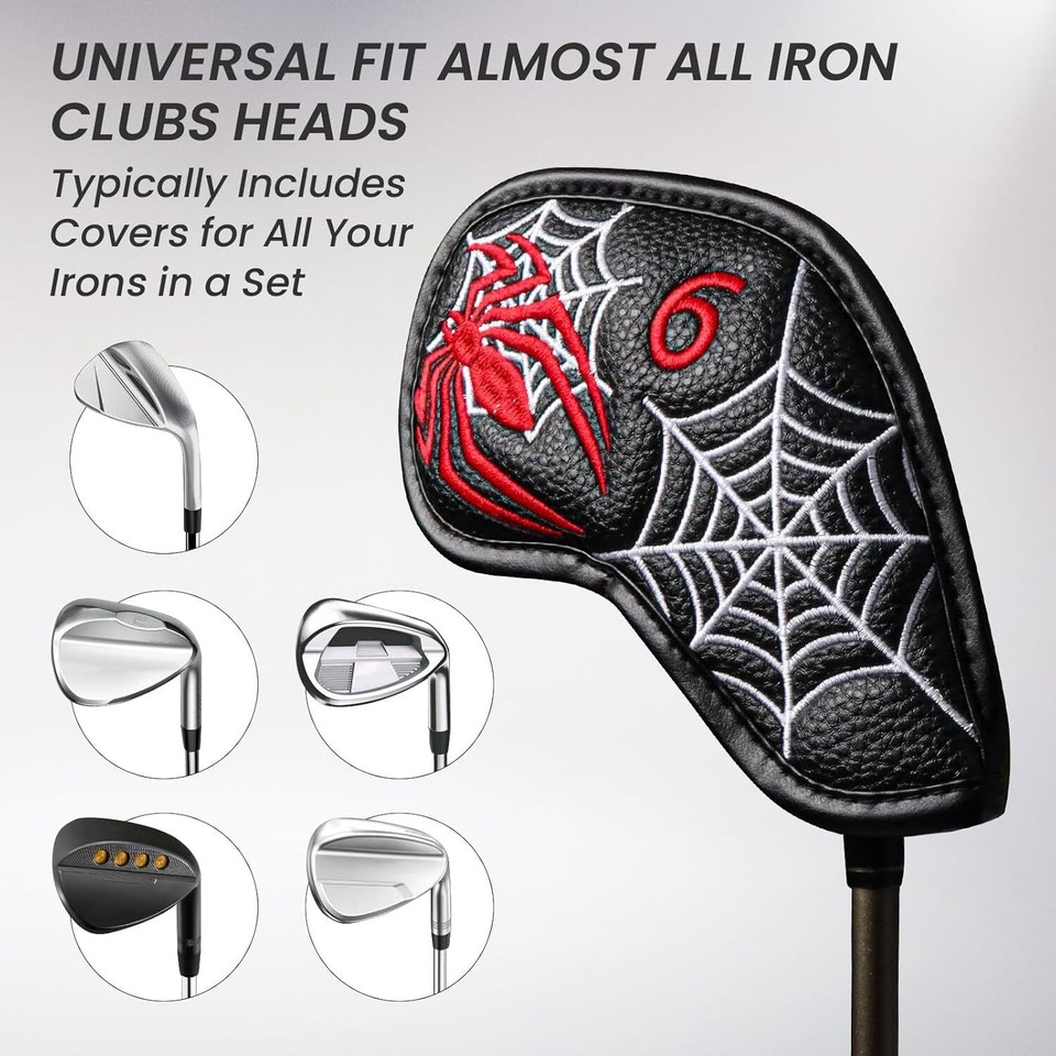 Spider Embroidery Golf Iron Head Covers 12 Pack Leather Club Headcover