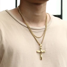 Mens Gold Plated Stainless Steel Chain Cuban Link Cross Pendant Necklace Set