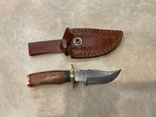 Sweet Mini  Damascus Bowie knife w walnut colored wood handle in leather sheath