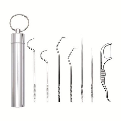 3/4/7Pcs Stainless Steel Toothpick Set Reusable Metal Floss Picks Keychain Case