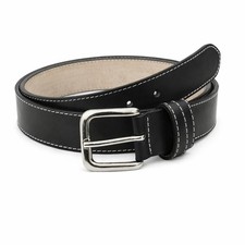 Classic Black Leather Belt for Men - Contrast White Stitching - Silver Buckle -