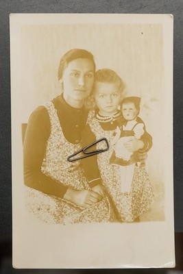 Photo Portrait Woman Mother Child Toy Doll Model Postcard Vintage Dress Postcard