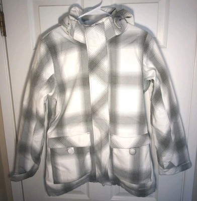Merrell Womens Opti Shell Opti Warm Jacket Size Medium white gray plaid Hooded 