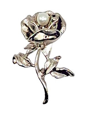 Silver Tone Brooch Pin 3D Faux Pearl Rose Vintage Bud Flower Floral Estate 1.75''