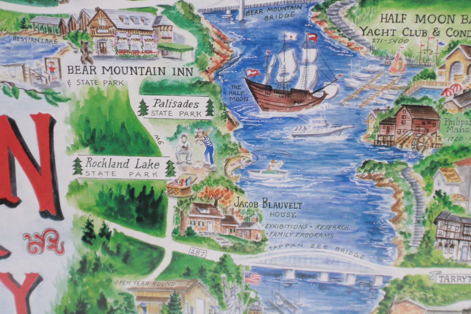 Hudson River Valley NY Customed Framed Playful Pictorial Map Print 34"H x 28"W