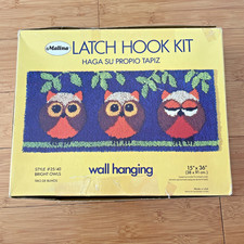 Vintage Malina Latch Hook Kit Hanging Wall Bright Owls 25/40 Design 15  x36"