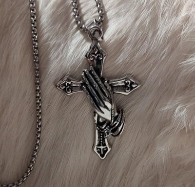 Praying Hands Cross Pendant Necklace Chain Faith Gift Mens Stainless Steel 24''
