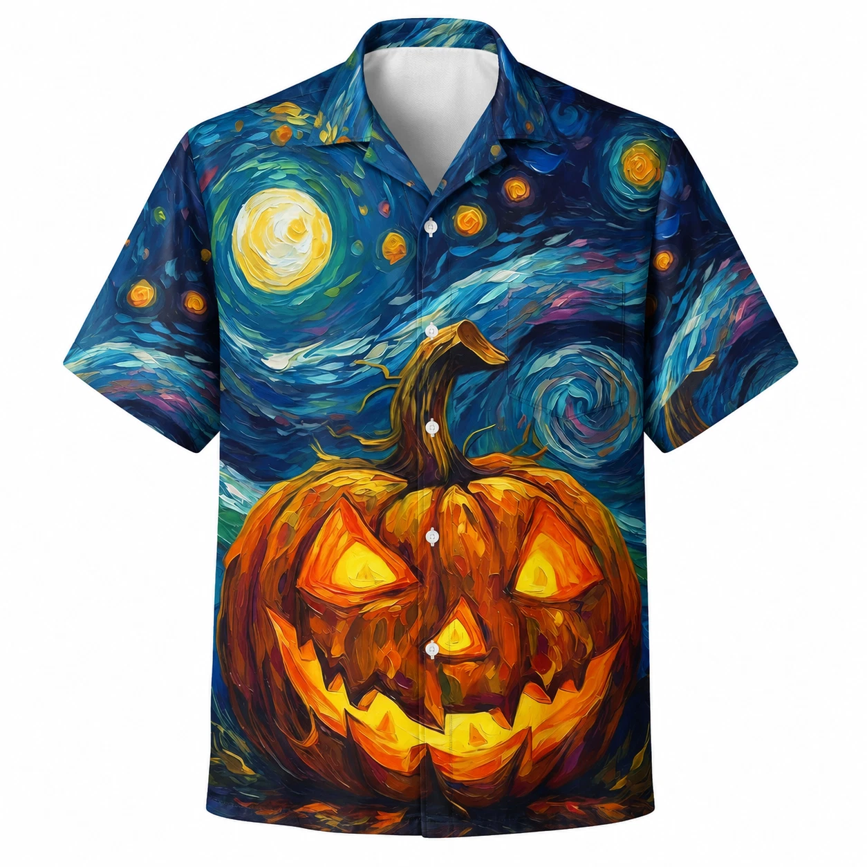 Starry Night Pumpkin Halloween Hawaiian Shirt Men Casual Short Sleeve Button Up