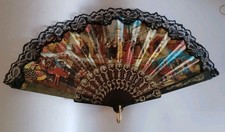 Vintage Spanish Folding Hand Fan With Lace  Bullfight Scenes Cloth  Plastic