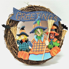 Vintage Halloween Wreath Door Hanging Wall Hanging Witch Pumpkin Bat Family 17"