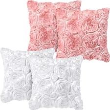 4 Pcs 3D Decorative Pillows Rose Flower Throw Pillow Cover Romantic Stereo So...