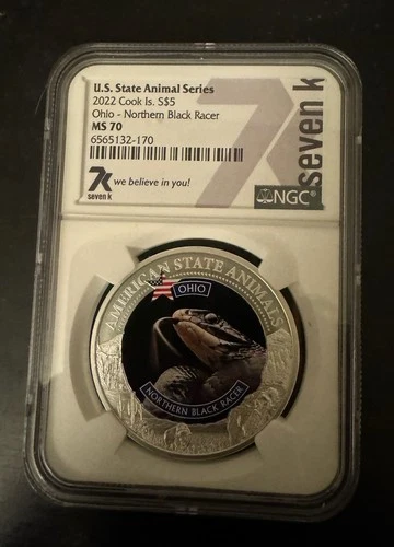 2022 Cook Islands Animals $5 Ohio Northern Black Racer 1 oz .999 Silver NGC MS70