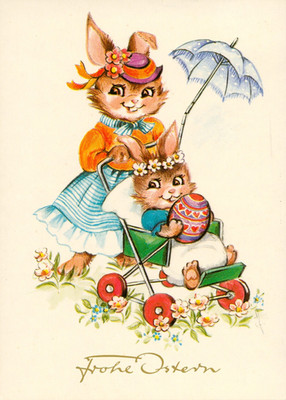 Frohe Ostern, Osterhase mit Ei im Kinderwagen, Künstler-Postkarte um 1960