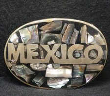 XC13122 VINTAGE 1970s  MEXICO  COUNTRY COMMEMORATIVE MENS ABALONE BELT BUCKLE