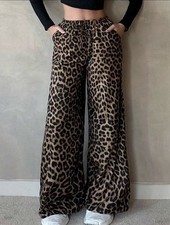 Women  s Leopard Animal Print Wide Leg Pants Elastic Waist Brown Black XL