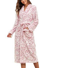 Women's M/L Soft Elegant Stylish Long Robe Flannel Comfort BathRobe Spa Print