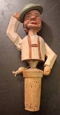 Vintage ANRI Mechanical Wine Bottle Stopper Cork Hat Tipping Hand Carved Wooden