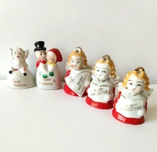 Vintage 3 Angel Bell Ornaments Santa Dancing Couple Japan Hand Painted Porcelain