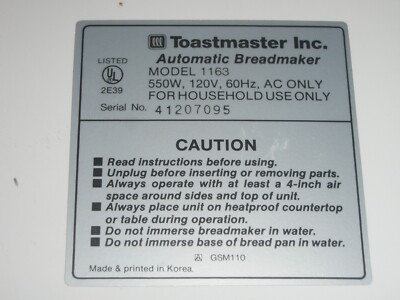 Choose Part for Toastmaster Bread Box Maker Machine Model 1163
