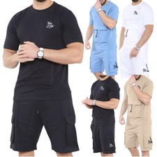 Mens T-Shirt & Shorts Set Gym Cargo Fleece Jog Lightweight Sweat Top Bottom