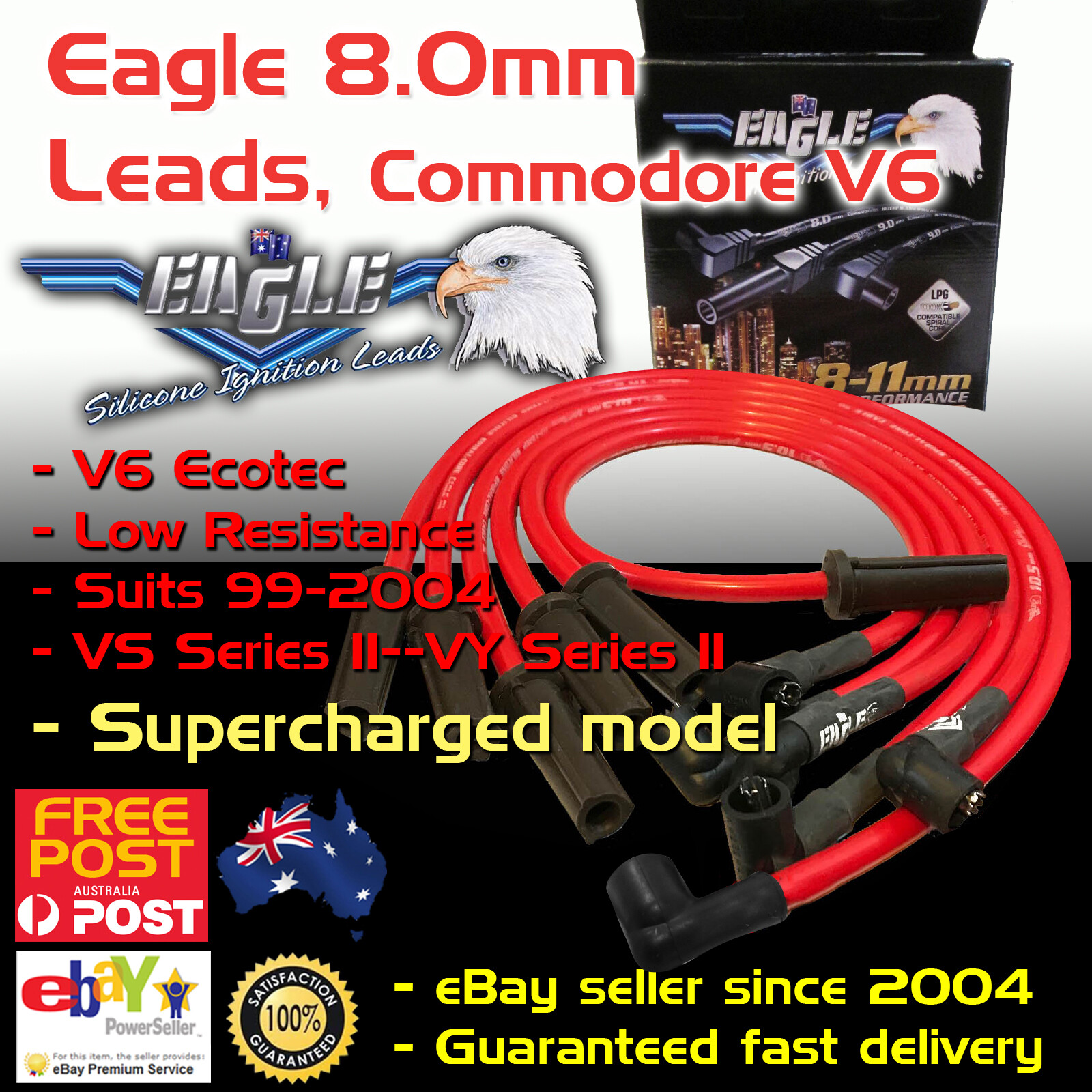 Eagle RED 8mm Ignition Spark Plug Leads Fits V6 Commodore VTVY