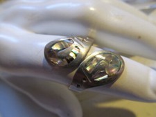 Vintage Unmarked Silver  Abalone Bypass Ring Made in Mexico Sz 9