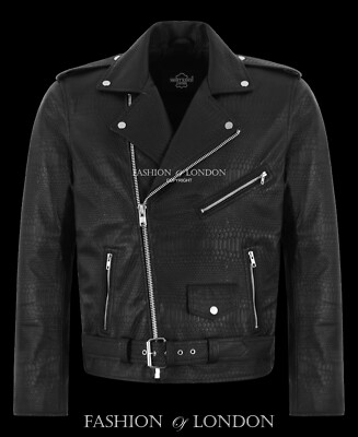 Herren BRANDO Slim Fit Schwarz Schlangenmuster Lederjacke Biker Racer Mode Jacke