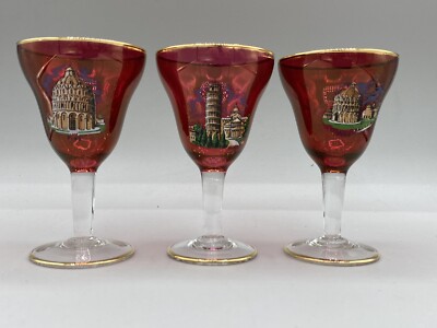 Vintage Set of 3 Ruby Red Glass Pisa Italy Clear Stem Flare Water/Wine Goblets