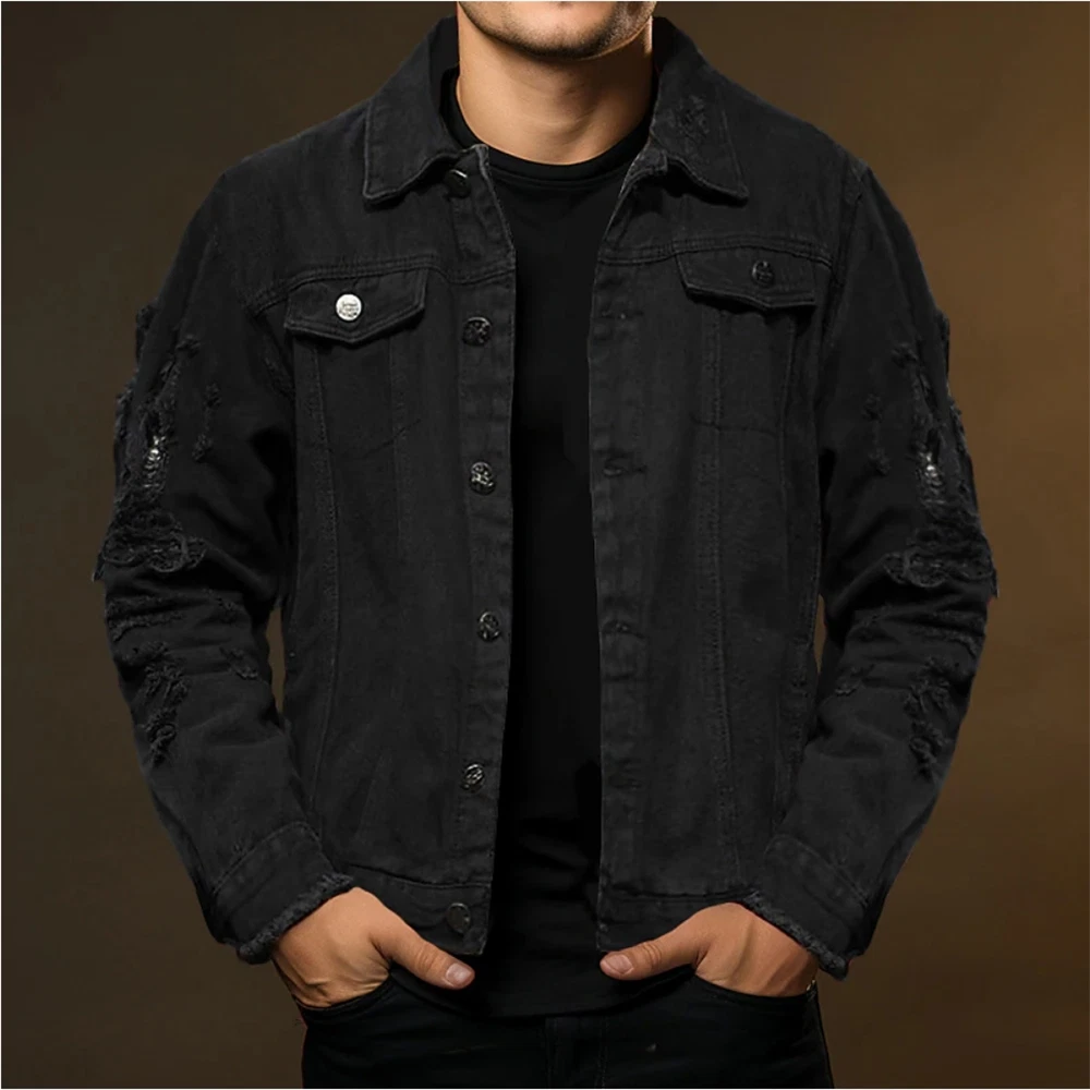 Mens Denim Jacket Jean Coat Slim Fit Casual Clothing Long Sleeve Buttons