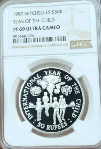 1980 SEYCHELLES SILVER 50 RUPEES YEAR OF THE CHILD NGC PF 69 ULTRA CAMEO TOP