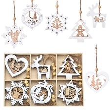 Christmas Tree Ornaments Set of 24 Wooden Craved Hanging Craft Decorations fo...