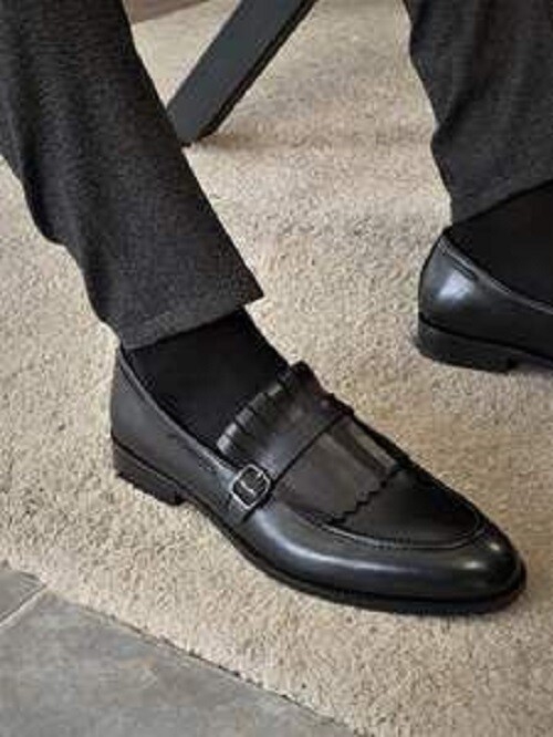 靴 HUNTER Fringe penny loafer Handmade Men Black Fringe Buckle Shoes, Men Leather Penny