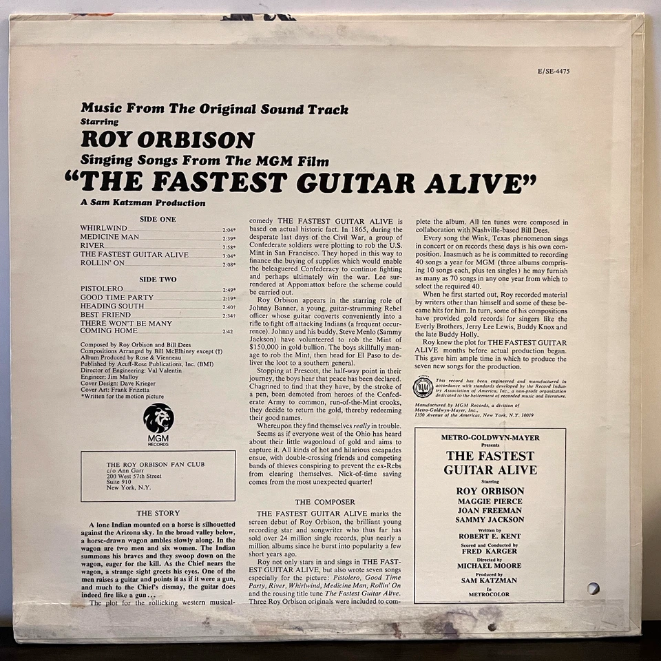 ROY ORBISON - Fastest Guitar Alive Soundtrack (1967) - 12" Vinyl Record LP - VG+ - Image 2 of 3