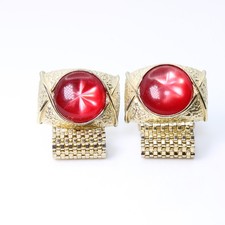 Vintage Swank Red Starburst Cabochon Mesh Wrap Cufflinks Gold Tone Mid Century