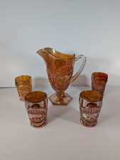 Rare US Glass Rising Sun, Pitcher glass set Iridescent Marigold Carnival Glass