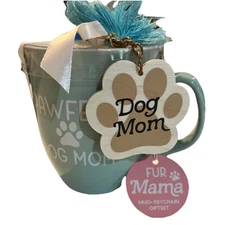 DELILAH JANE MUG AND KEY CHAIN GIFT SET, MUG READS PAWFECT DOG MOM, LIGHT GREEN