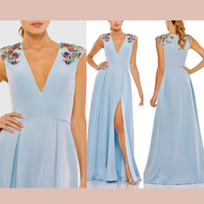 NWT IEENA Mac Duggal [ 8 ] 26540 Floral Beaded Cap Sleeve A Line Gown Blue S1321