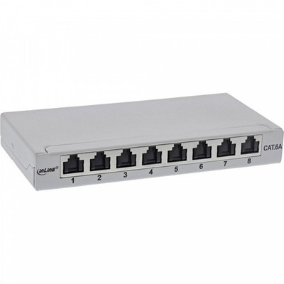 InLine  Patchfeld Cat.6A 0,5HE 8-fach, Tisch/Wand/Hutschiene, grau, Staubschutz