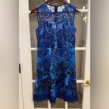ELIE TAHARI Women's Blue Floral Lace Silk Blend Sleeveless Scalloped Hem Dress