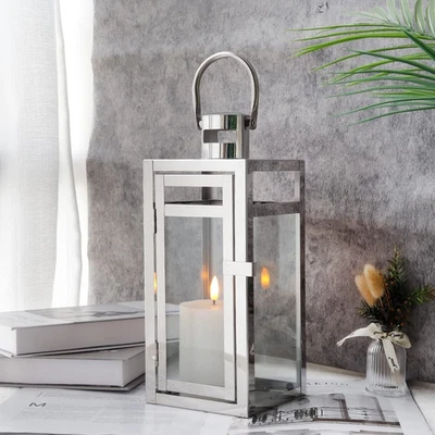 Stainless Steel Decorative Lantern 30CM High Metal Candle Holder with Tempered G - image 1 of 4