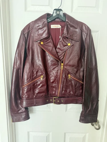 Giacca di pelle BIANCA donna Tory Burch originale nuova con etichetta taglia 14 bordeaux
