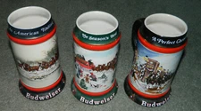 1990/1991/1992 Anheuser Busch Budweiser Holiday Christmas Beer Steins Clydesdale