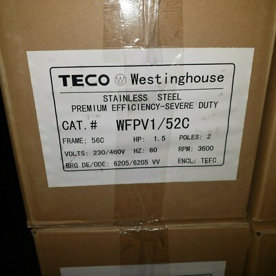 TECO WFPV1/52C 1.5HP 3600RPM 230/460V 56C TEFC Stainless Steel Washdown Motor